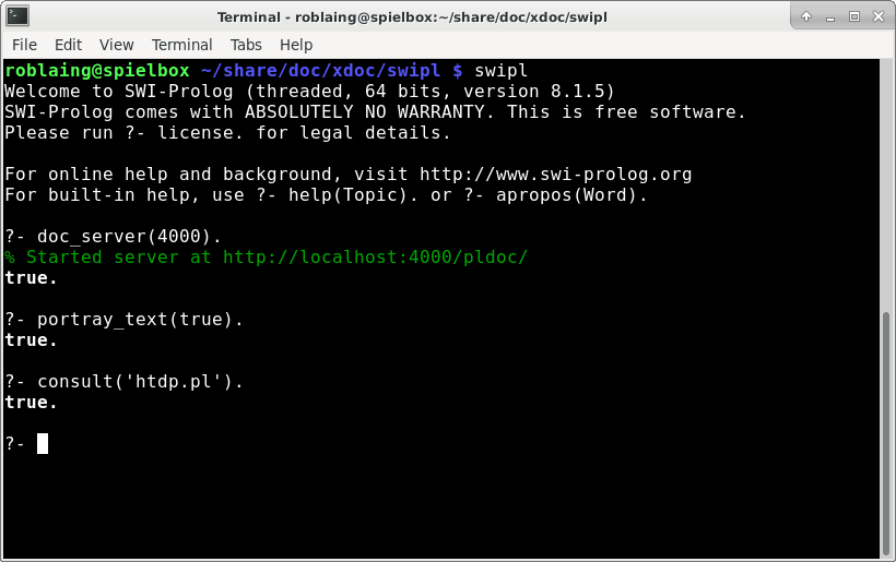 Terminal after firing up PlDoc and loading a module